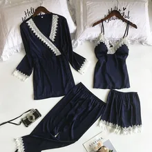 Комплект из 4 предметов, женский халат, платье с v-образным вырезом, Сексуальный Кружевной Костюм, домашний костюм, Осенний домашний костюм, одежда для сна, большой размер