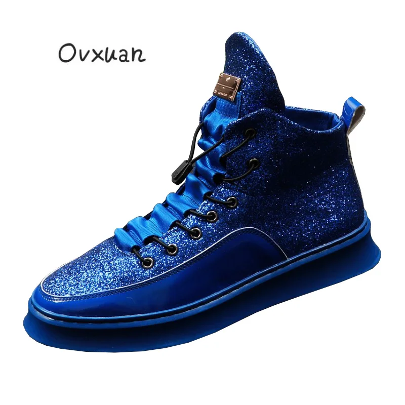 

OVXUAN Shiny Sands Sheet Metal Fashion Top High Sneakers Men Boots Casual Shoes 2019 Autumn Luxury Party Prom Dress Boots Shoes