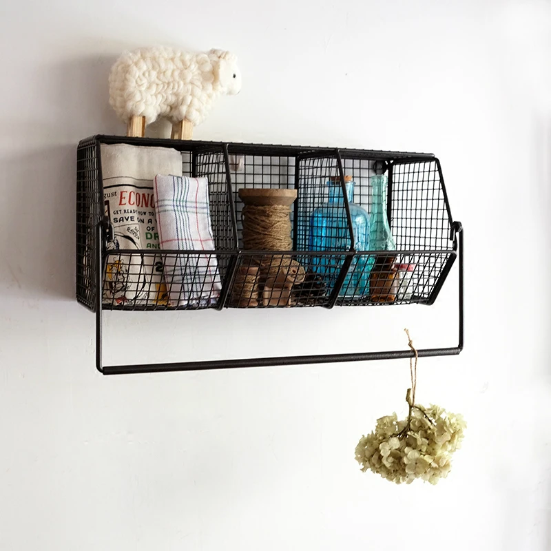 

Grocery Retro Iron Wall Grid Shelves Home Decoration Shelves Metal Towel Rack Storage Holder