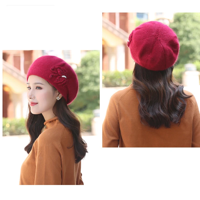 Angora Hat Women Winter Knit Cap Beanie Beret Warm Headwear Flower Casual Soft Classic Thermal Snow Outdoor Accessory (11)