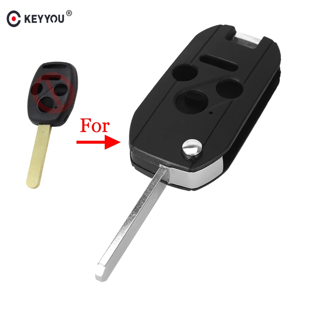 

KEYYOU for Honda Accord Cr-V Civic Insight Ridgeline 2003 2008 2009 3 Button+Panic Folding Remote Flip Car Key Shell Case