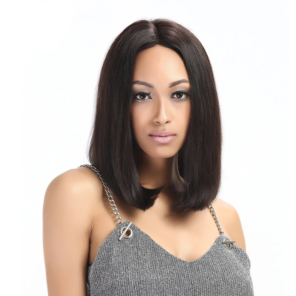Sleek короткие Синтетические волосы на кружеве человеческих волос парики для черный Для женщин натуральный Цвет 10 до 12 дюймов бразильский Реми прямые волосы половина боб парик