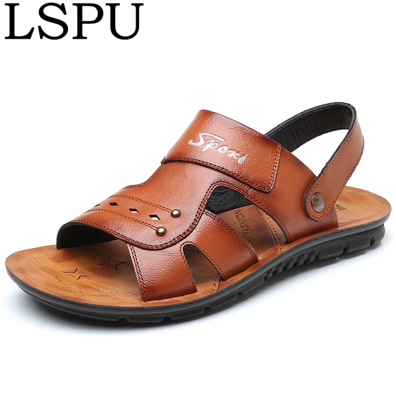 

Summer Men Sandals Slip On Breathable Massage Non-slip Beach Shoes Fashion Cool Men Slipper Shoes Leather Slides Plus Size 38-47