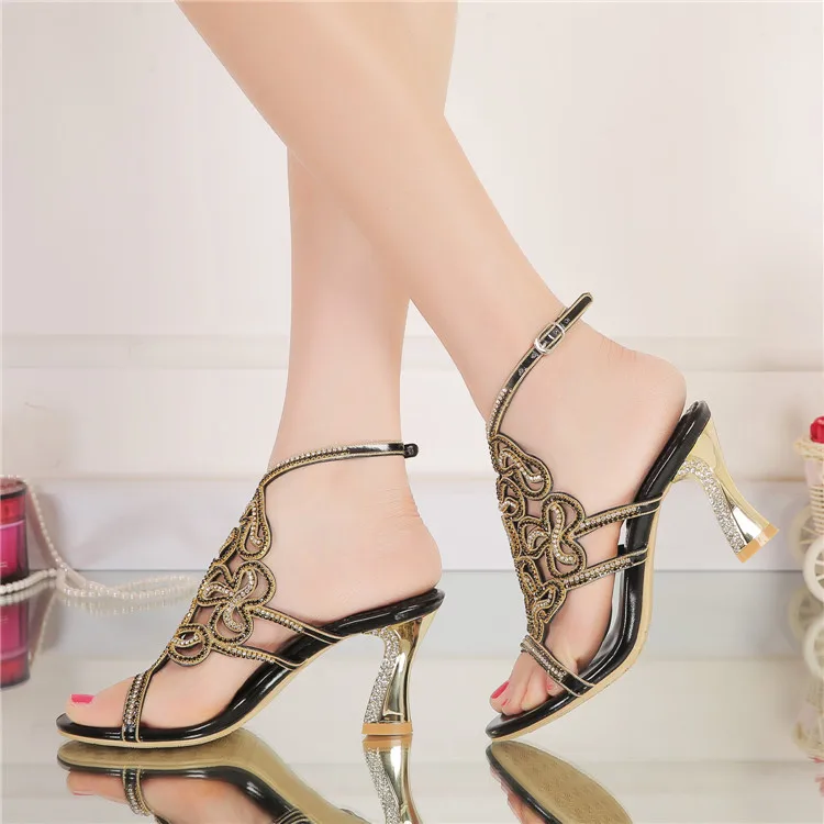 2016 Summer New Diamond Sandals Female Chunky Heeled High Heels Crystal Fashion Womens Large Size Shoes 11 Gold Silver Black-4