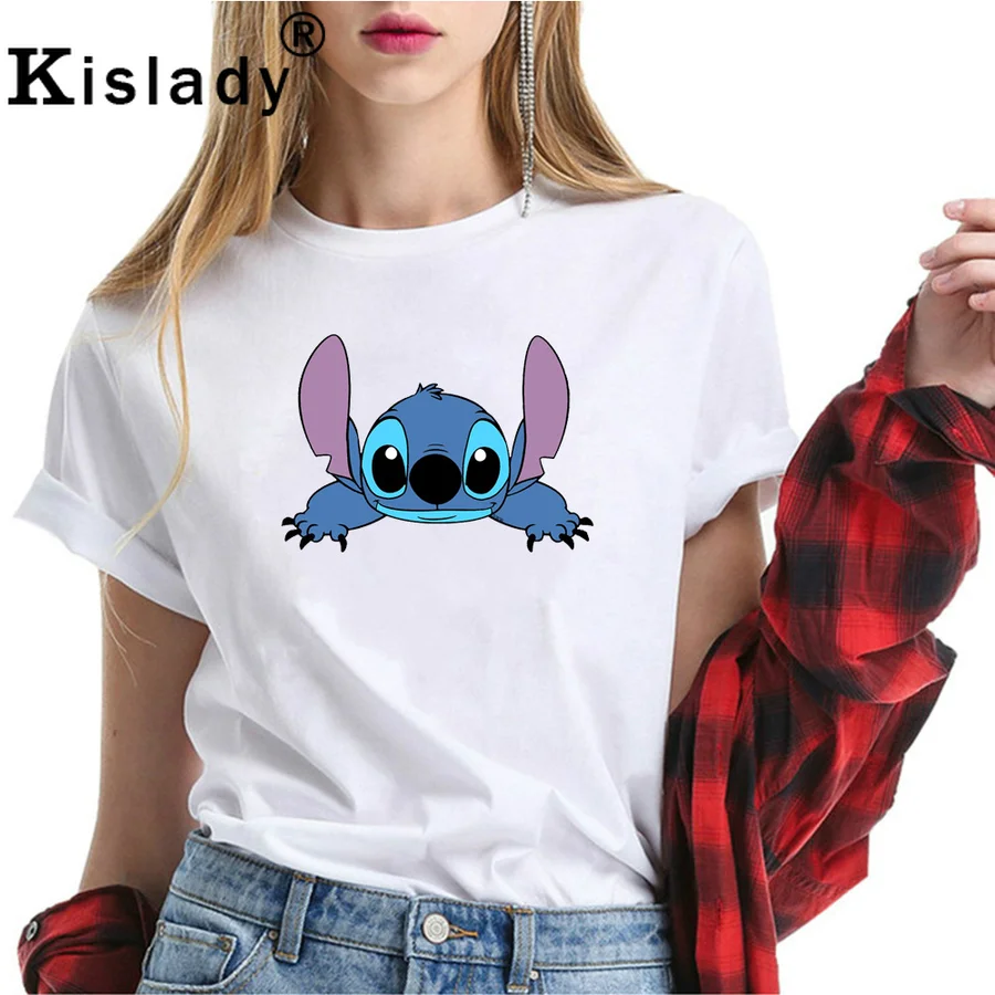 

Lilo Stitch Classic Cute Women T Shirt Hot Harajuku Kawaii Cartoon Korean Clothes for Female Summer 2019 Wild Casual Cotton Tops