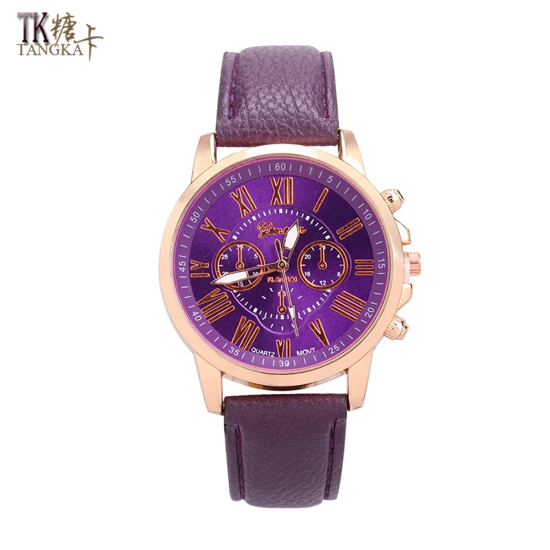 

2018 Purple Business Casual Fashion Ladies Stitched round dial Quartz Watch Artificial Leather Watch Band
