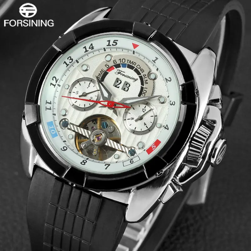 

FORSINING Mens Watches Luxury Tourbillion Design Rubber Strap Complete Calendar Automatic Mechanical Men Watch