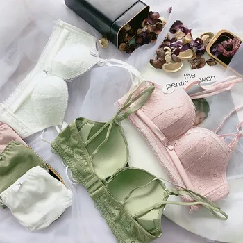 

New Women Push up Bra Set Solid Color Lace Embroidery Design Adjustable Straps No Rims 3/4 Cup Bra Briefs Set