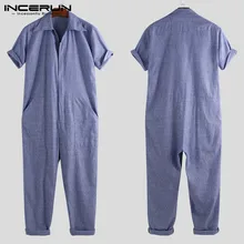 INCERUN новые стильные мужские Комбинезоны для бега с отворотами шеи с коротким рукавом Свободные Штаны уличная однотонная мужская рабочая одежда