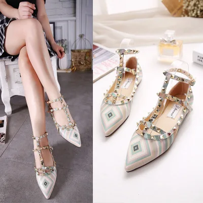 

New rivet pointed toe women color block PU leather gladiator flats sexy studded women ballet flats