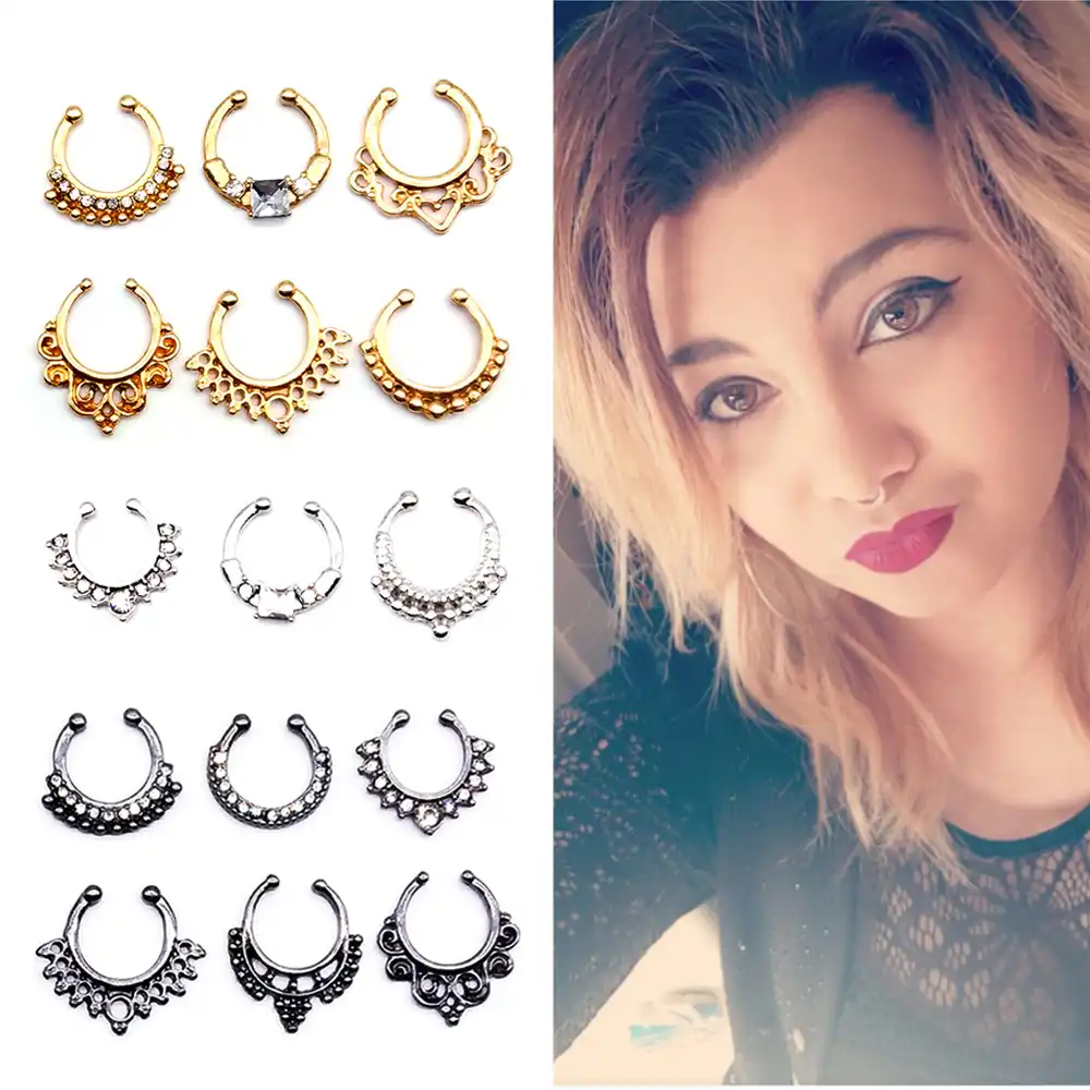 Хрустальное кольцо в нос Имитация черного цвета круглая перегородка колечки для пирсинга Клипса-обманка не хула-Хуп для женщин оптовая про...