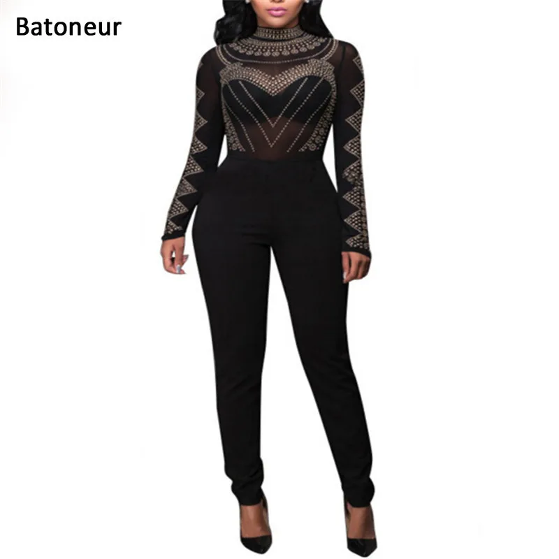 Batoneur Fashion Rhinestone Mesh Transparent women long sleeve black jumpsuit sexy bodycon