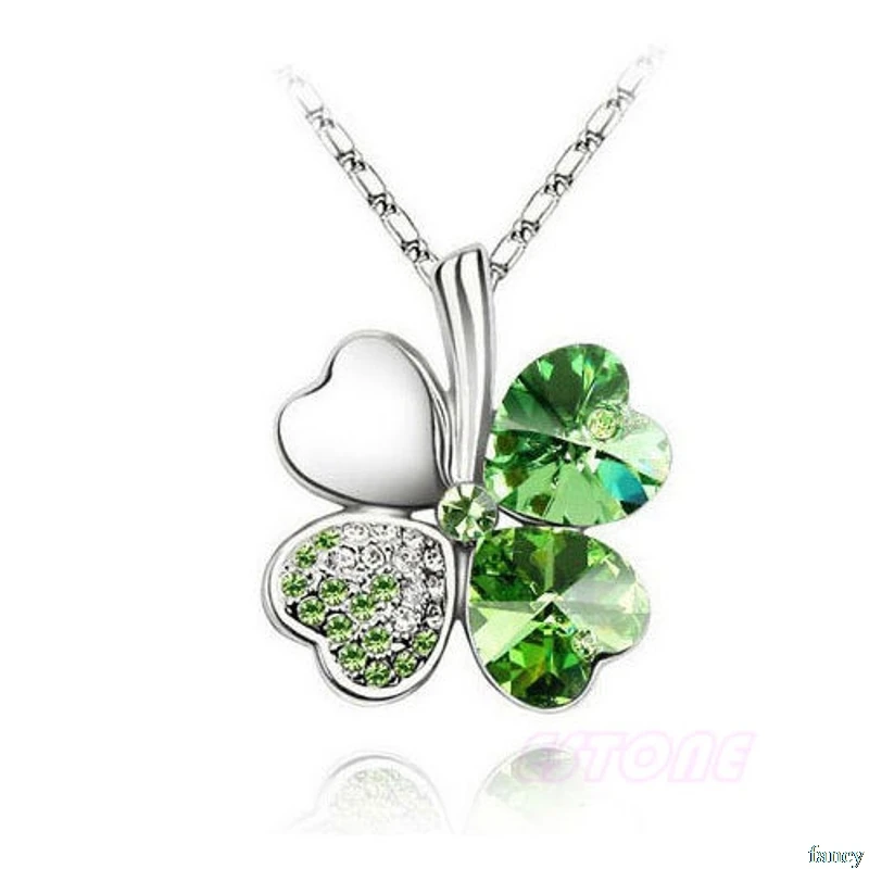 

Lucky Crystal Four Leaf Clover Heart Pendant Necklace irish shamrock charm chain