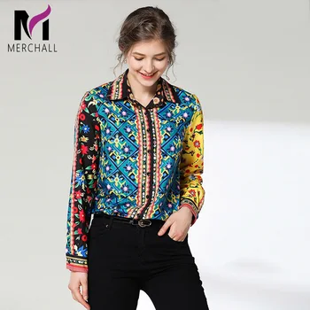 

Merchall 2019 Spring Summer Women Floral Print Runway Shirt Tops High Quality Brand Elegant Long Sleeve Turn Down Collar Blouse