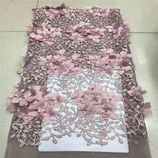 

Latest African Net Lace Fabric Applique With Beads Good Quality French Tulle 3d Lace Fabric For Party Dress