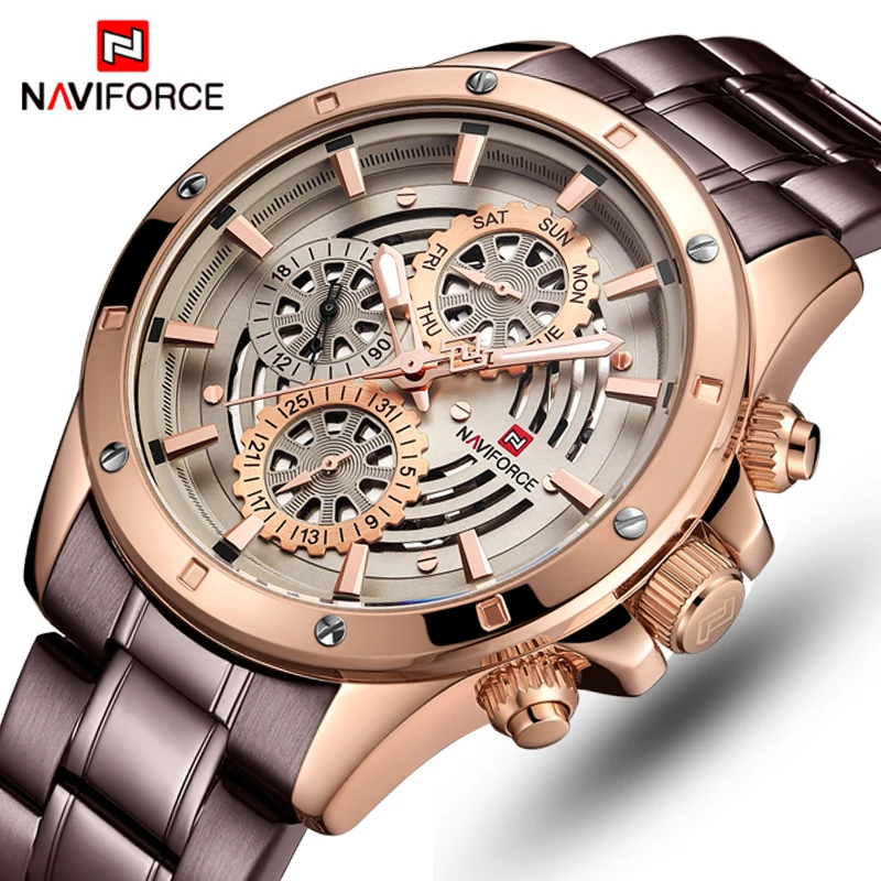 

NAVIFORCE Full Stainless Steel Male Clock Analog Quartz Wrist Watches Date Week Hour Clock Fashion Business Men Watches