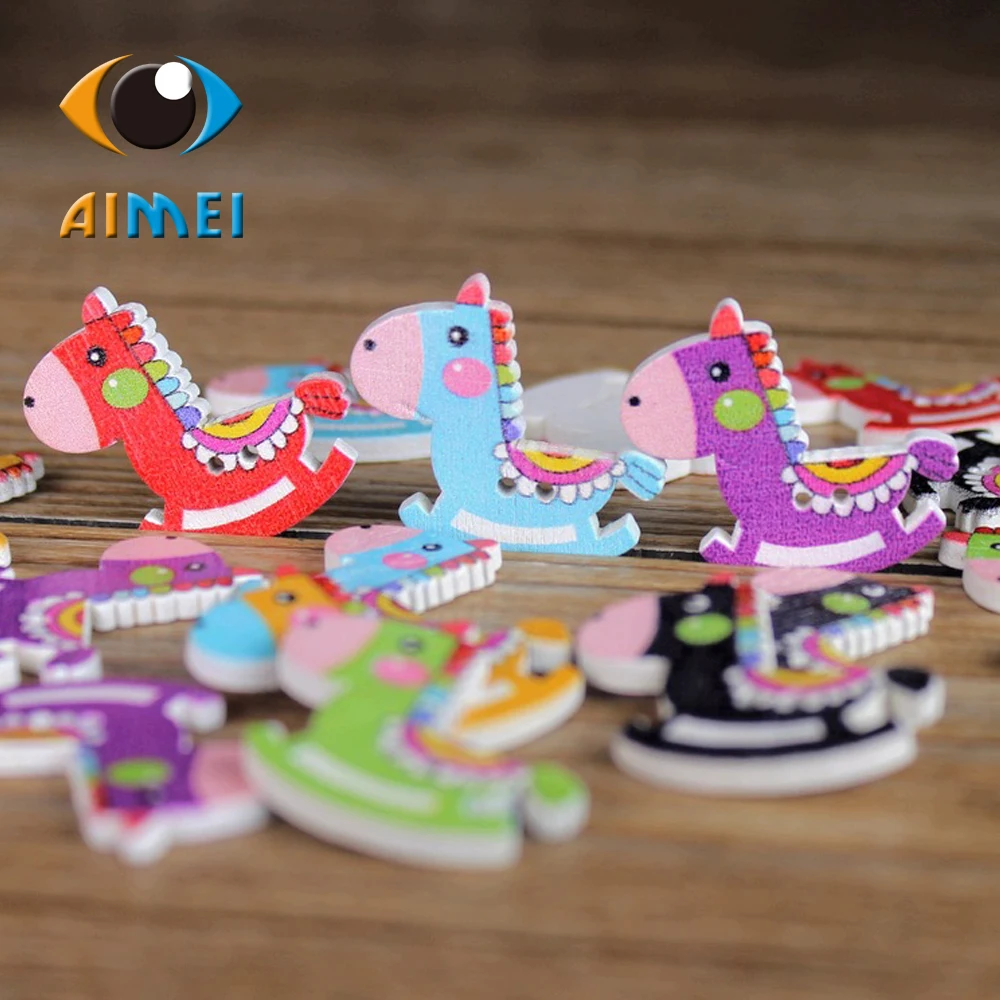 50pcs/lot Colorful Cartoon Small Horse Painting Wooden Buttons For DIY Decorative Accosserioes For Clothes Wooden Button