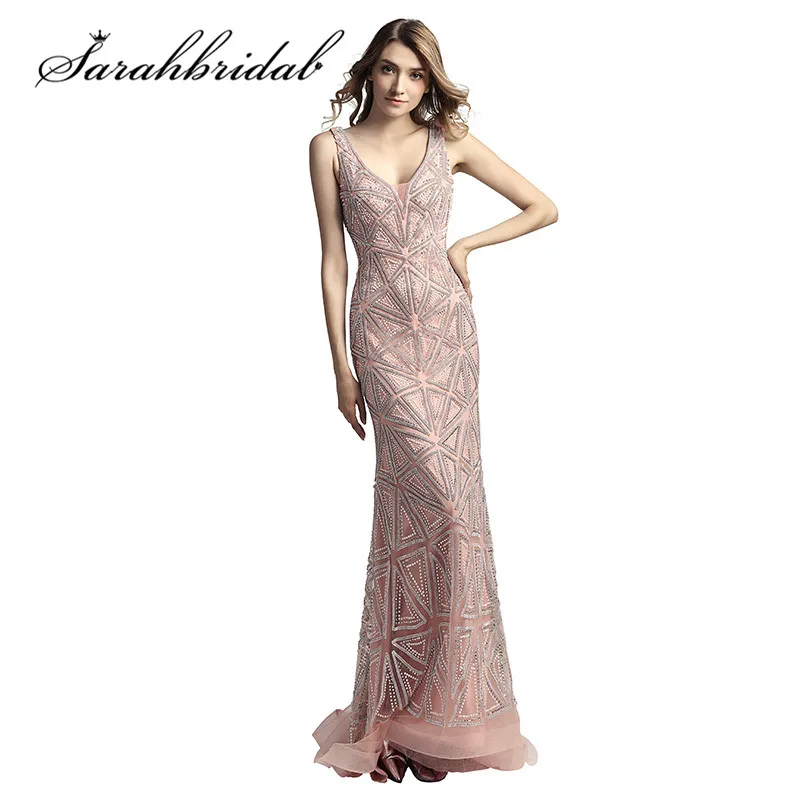 

Elegant Charming Evening Dresses New Pink Tulle Sleeveless Crystal Beading Major Handmade Floor Length Party Prom Gown CC423
