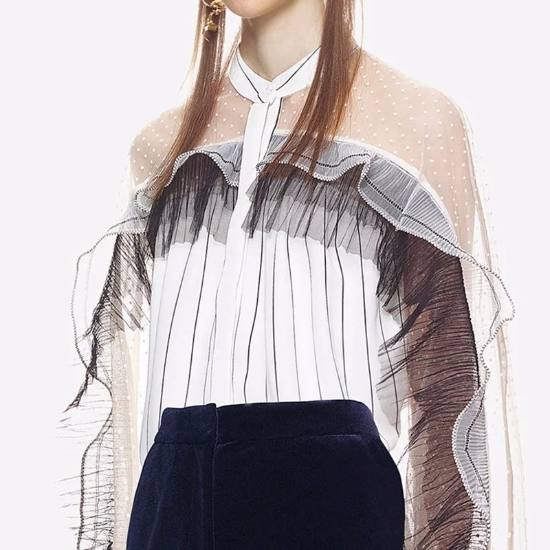 OXANT Lace Ruffles Shirt Female Patchwork Hollow Out Stand Collar Flare Sleeve Single Breasted Blouse 2018 Spring Fashion |