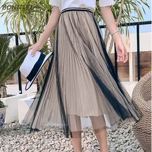 Юбки женские эластичные сетка; С Высокой Талией Модные плиссированные однотонные элегантные женские милые до середины икры простой в Корейском стиле Женская юбка шик