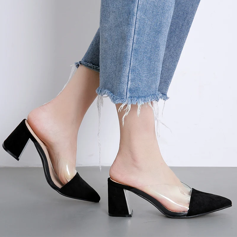 

New Concise Women Pumps Summer Sandals Clear Mules Female Dressing Shoes Black Transparent Women Slippers SlingBacks Pumps