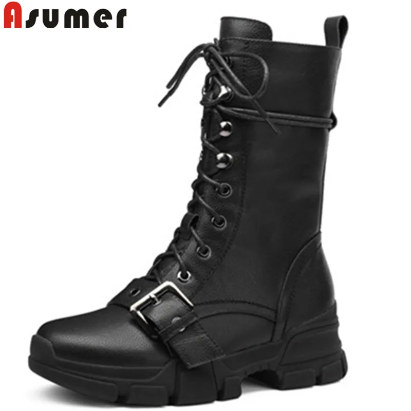 Женские ботинки до середины икры ASUMER черные из натуральной кожи с круглым носком