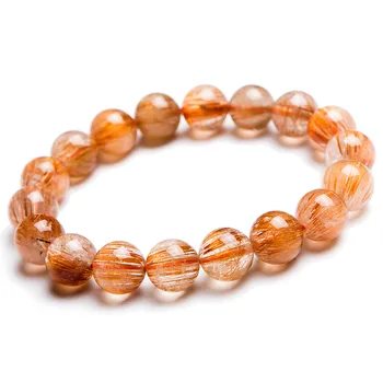 

12mm Genuine Natural Copper Rutilated Quartz Crystal Stretch Charm Round Bead Bracelet Women