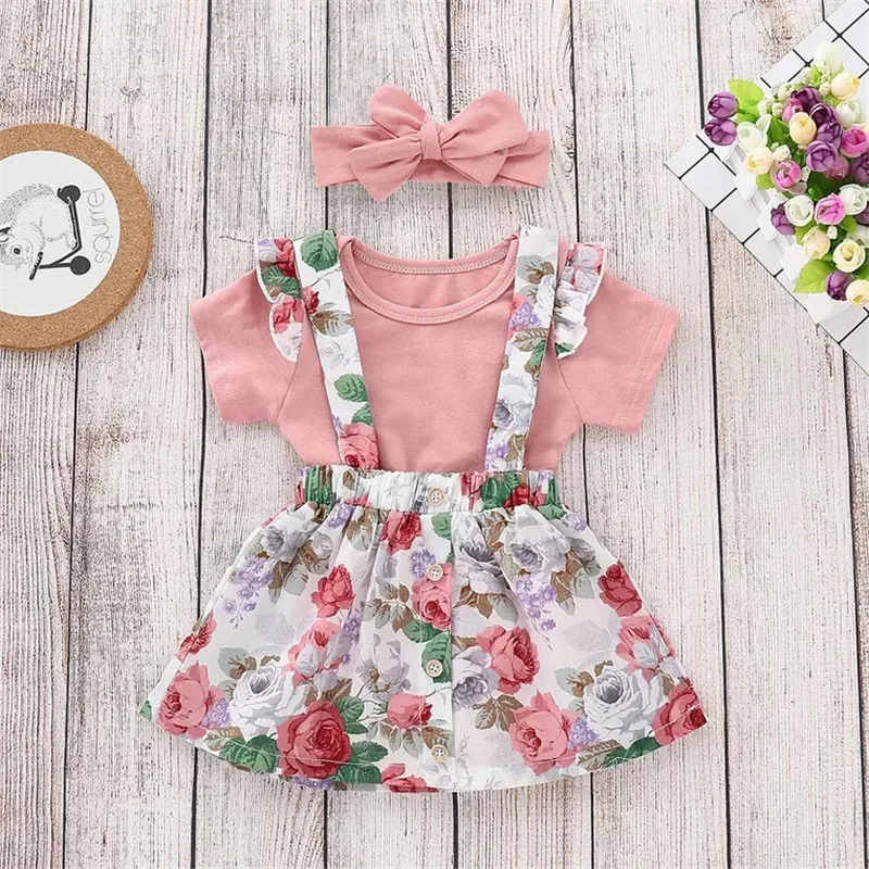 3pcs Baby Girl Clothes Set Flower Dress Sling Skirt Short Sleeve Bodysuit Bow Headband O-neck 6-18m Summer Baby Clothing