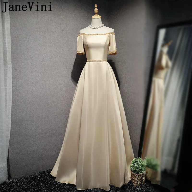 

JaneVini 2018 Champagne Boat Neck Bridesmaid Dressses Short Sleeve Beaded Satin Women Wedding Formal Prom Party Dress Navy Blue