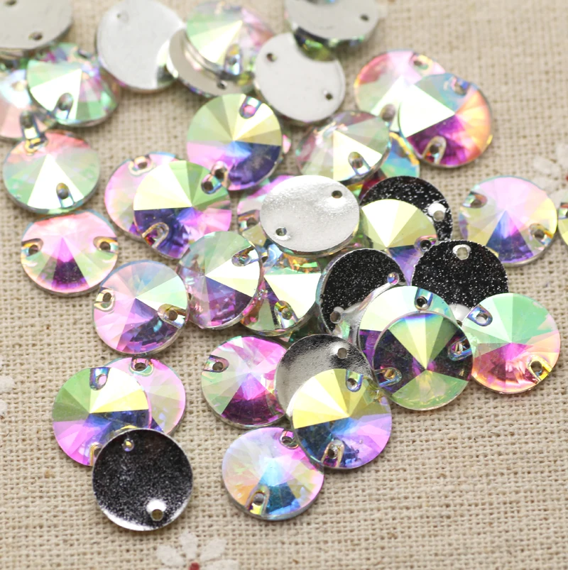 

12mm 100pcs/lot Round Flatback Sew On Rhinestone With 2 Holes Crystal AB Color Silver Base DIY Garment Accessories