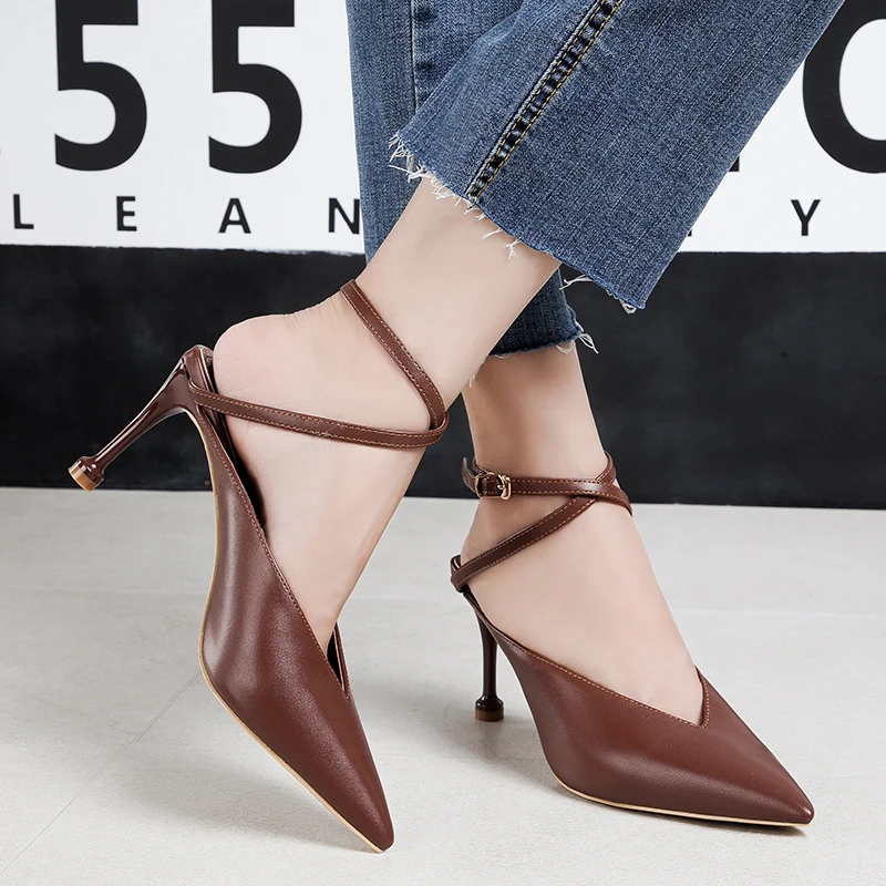 

2018 Women Summer 8cm Fetish High Heels Sandals Mules Lady Slingback Pumps Female Escarpins Strappy Heels Party Brown Shoes