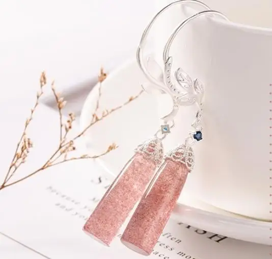 

Sterling S925 925 silver Drop Earring Strawberry quartz leaf shape for girl
