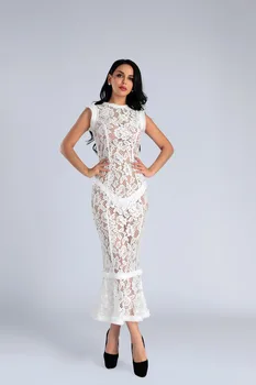 

High Quality White O-Neck Lace Hollow Out Bodycon Long Dress Homecoming Party Sexy Dress