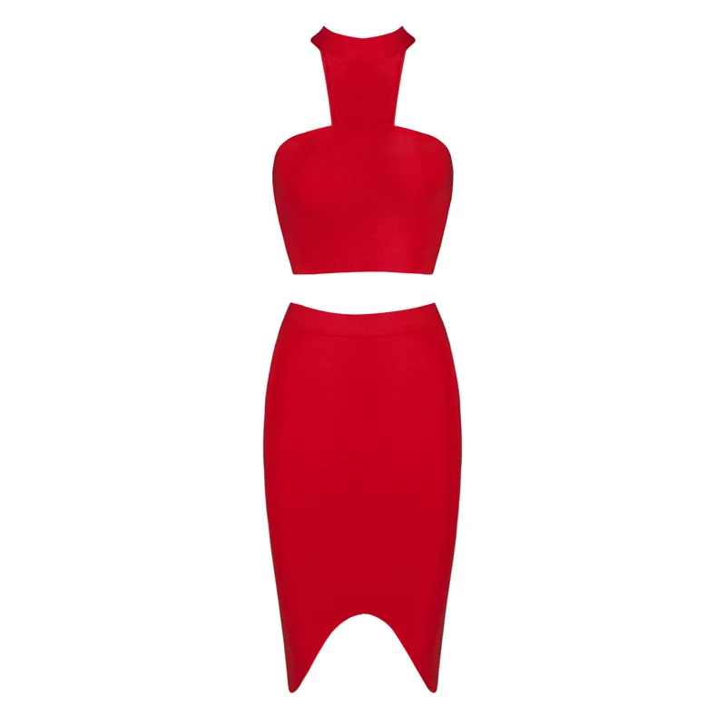 Сексуальная Женская одежда, Клубные вечерние комплекты из 2 предметов, модное Бандажное платье без бретелек, без рукавов, короткий укороченный топ, трикотажная облегающая юбка - Цвет: Red