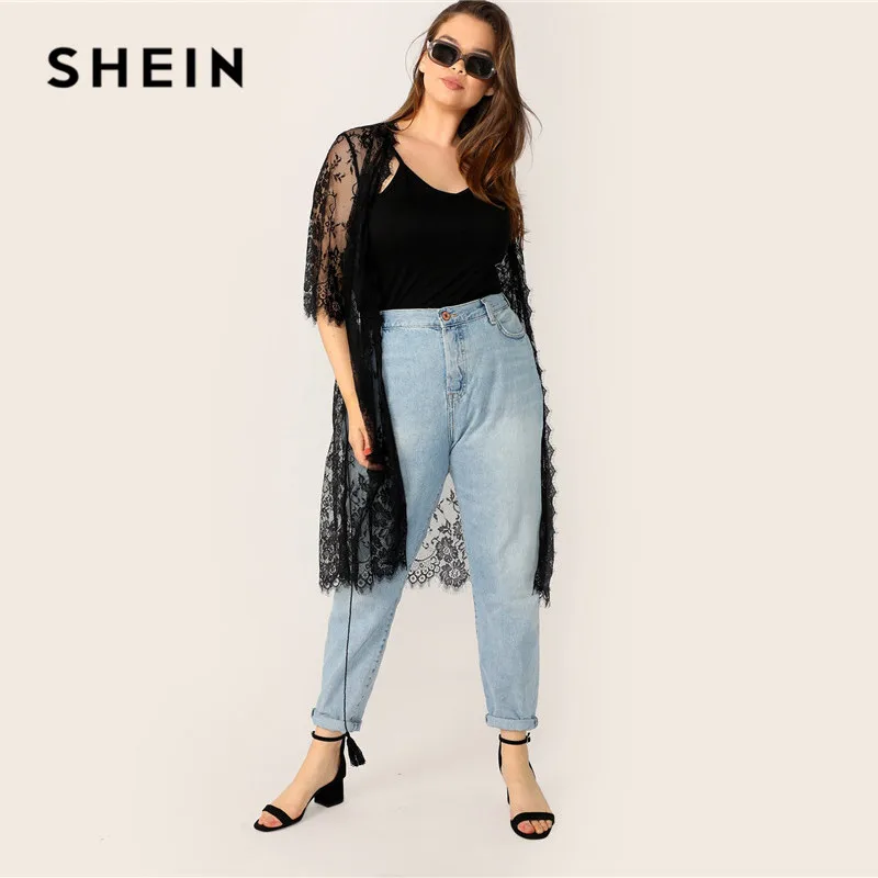 SHEIN Plus Size Black Sheer Eyelash Lace Kimono With Tassel Belt Women Summer Boho Half Sleeve Longline Contrast Lace Kimonos SHEIN Plus Size Black Sheer Eyelash Lace Kimono With Tassel Belt Women Summer Boho Half Sleeve Longline Contrast Lace Kimonos