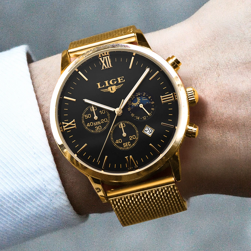 LIGE Fashion Mens Watches Top Brand Luxury Quartz Watch Men Casual Slim Mesh Steel Date Waterproof Sport Watch Relogio Masculino