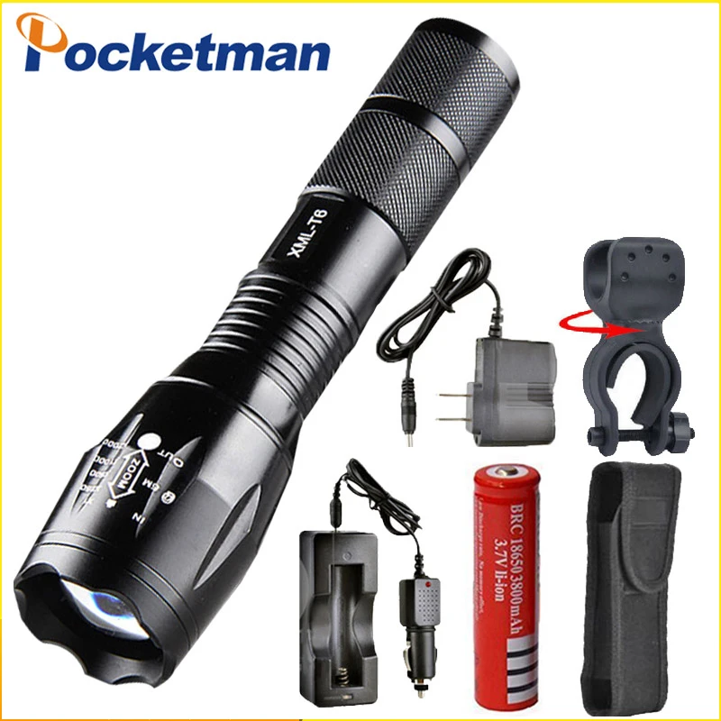 

7200 Lumens 5-Mode T6 LED Flashlight with charger Zoomable rechargeable Focus Light Torch Lantern by 1*18650 or 3*AAA
