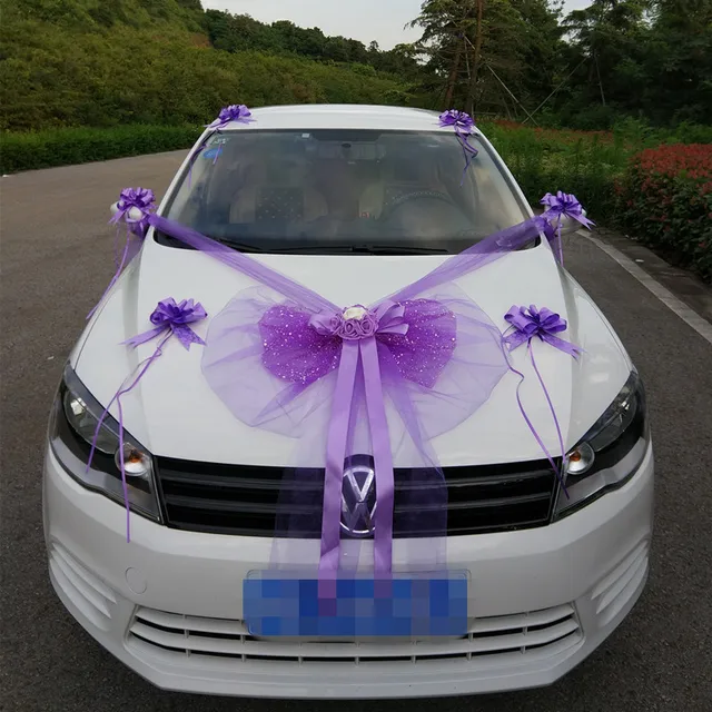 mariage décoration de voiture fleurs artificielle organza arc rose