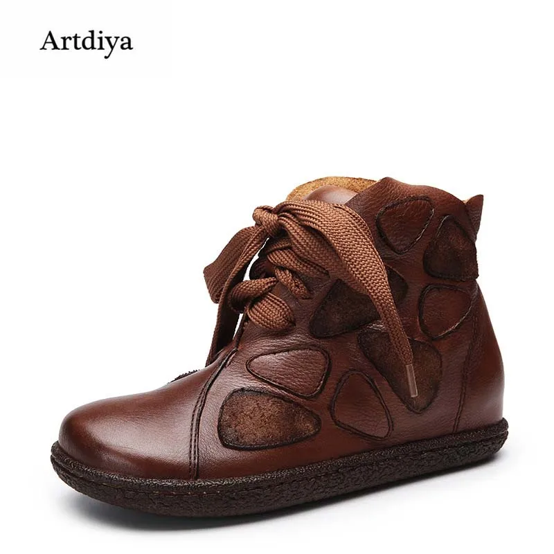 

Artdiya 2018 Winter Original New Genuine Leather Casual Ankle Boots Retro Handmade Flat Height Increasing Women Boots 121-61