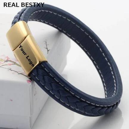 Изготовленный на заказ логотип настоящий BESTXY мужской синий плетеный кожаный браслет с магнитной застежкой из нержавеющей стали