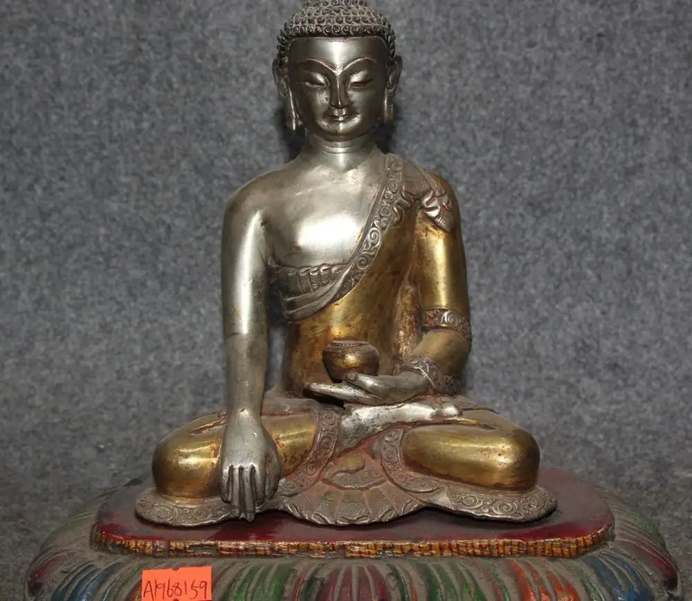 

8" Old Nepal Silver Gold Gild Seat Shakyamuni Sakyamuni Amitabha Buddha Statue
