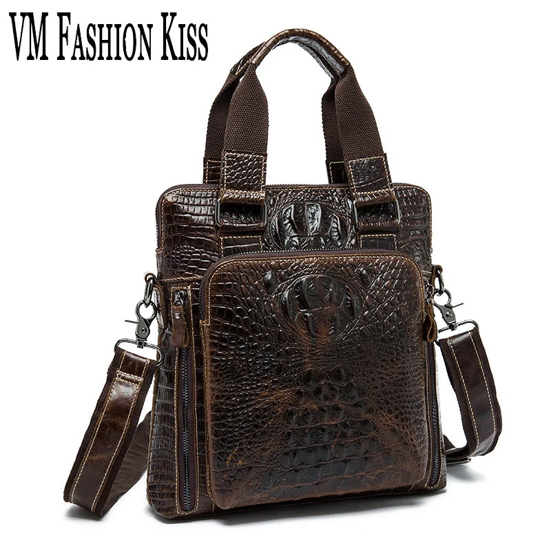 

VM FASHION KISS Oil Wax Genuine Leather Male Crocodile Pattern Shoulder Bag Multi-zipper Pocket Men Business Brown Bag Handbag