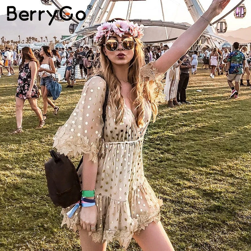 BerryGo вышитое блестками Сетчатое Прозрачное мини платье Вечерние вечернее с v