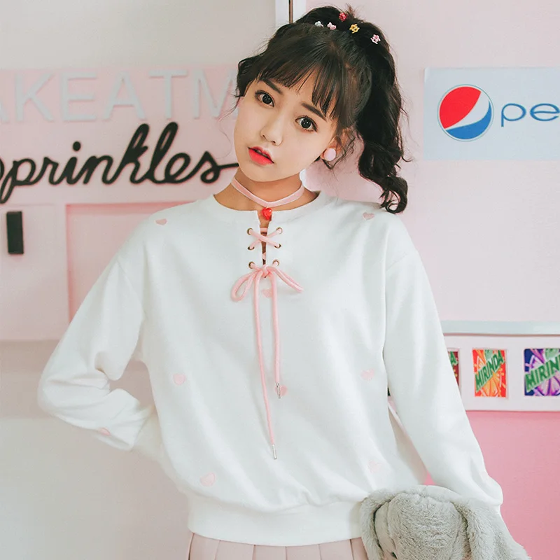 2020 Женская туника Свитшот в японском стиле Harajuku Ulzzang Love с вышивкой и галстуком
