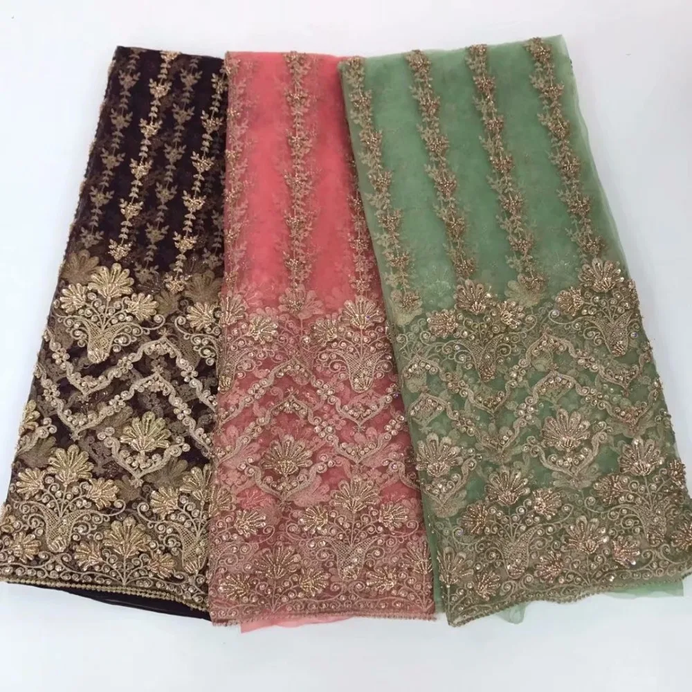 

2018 New Fashionable Heavy Beaded African French Lace Fabric Nigeria Tulle Embroidery Bridal Dress Lace Light Red Green Purple
