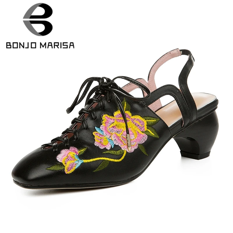 

BONJOMARISA Brand New Big Size 33-43 Luxury Embroider Lace Up Genuine Cow Leather Shoes Woman Casual Party Ol Summer Sandals