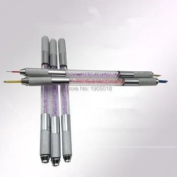 

4 colors Permanent Makeup Eyebrow Crystal Double Heads Microblading Pen Tattoo Machine 50pc with 10pcs microblade hading needles
