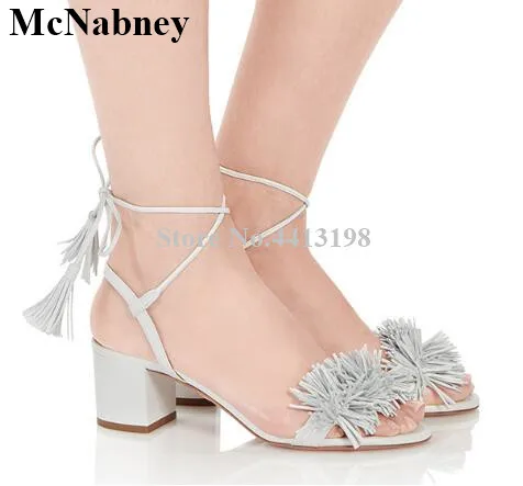 

2019 Fashion New Cross-tied Ankle Strap Fringe Sandals Peep Toe Med Thick Square Heels Party Sandals Summer Wedding Women Shoes