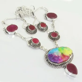 

Multicolor Solar Quarts & Rubys Necklace Earing Silver Overlay over Copper , 52 cm, N3048