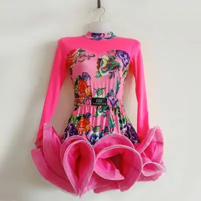 Платье для латинских танцев для девочек, детское танцевальное трико с юбкой с длинными рукавами, комплекты для выступлений, соревнований, Стандартные Детские костюмы принцессы - Цвет: Long sleeve rose B